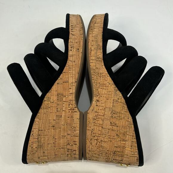 Sam Edelman Yuki Black Suede Cork Platform Wedge Sandals Puffy Straps Size 10 - Picture 6 of 8